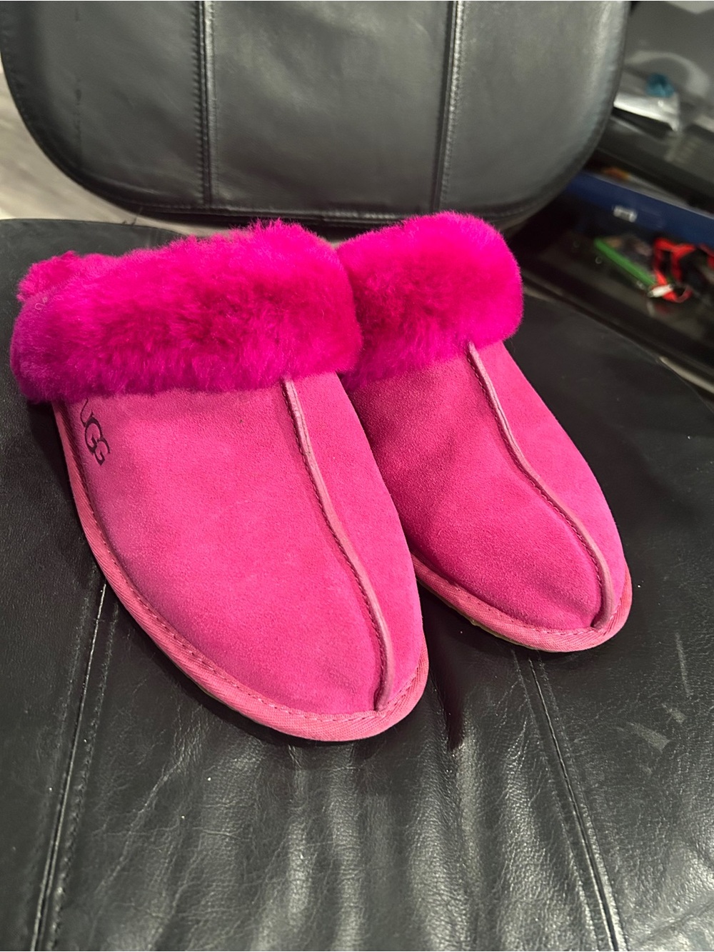 UGG Women's Hot Pink Suede Shearling Mule Slippers